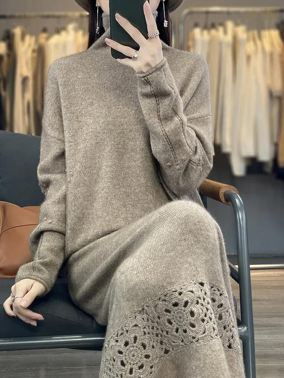 JN2351纯羊毛钩花裙套装套头女高领宽松外搭针织半身裙两件套套装