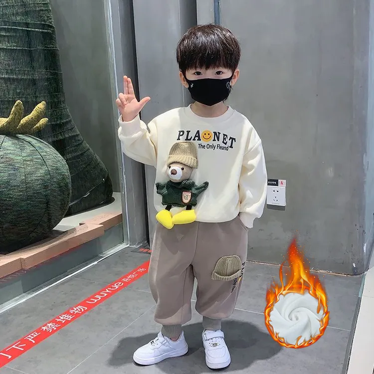 男童女童套装春秋装小童加绒卫衣两件套新款男宝宝卡通洋气帅气潮