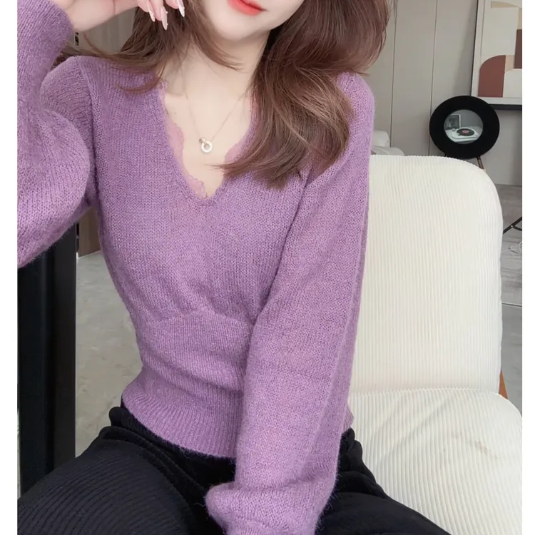 2025韩系洋气性感蕾丝打底小毛衣时尚时尚气质v领针织打底衫H3-66