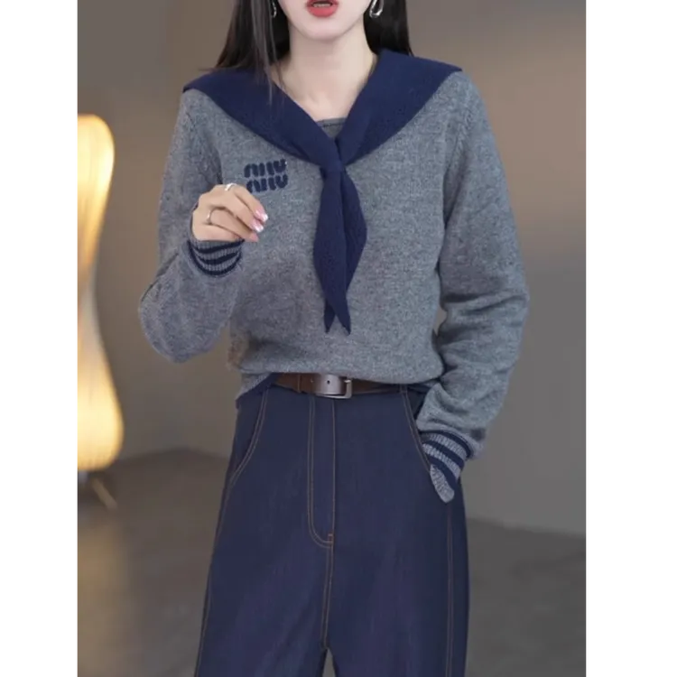 海军领假两件针织打底衫女秋冬2025新款上衣字母毛衣设计感G5-47