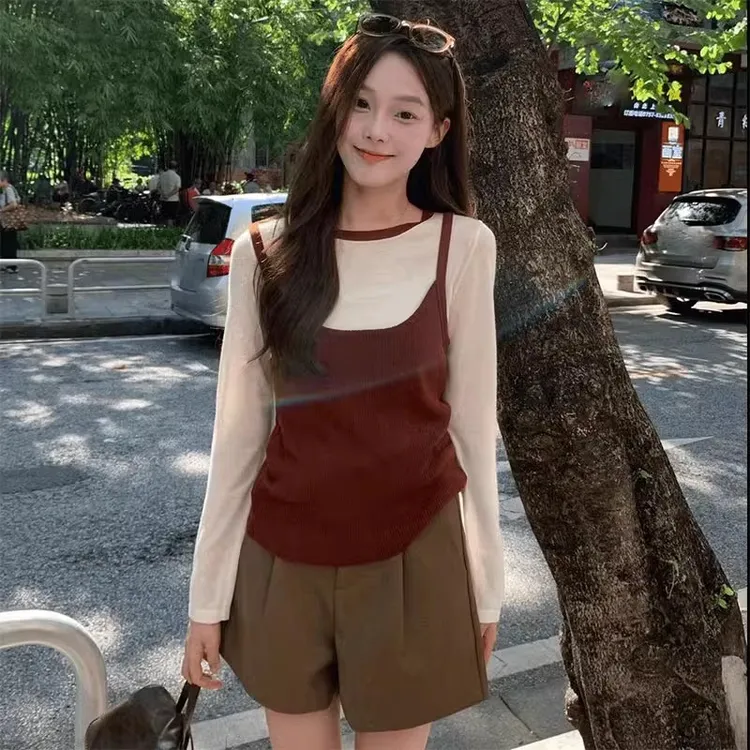 早秋穿搭套装2025春秋新款女装韩系氛围感穿搭叠穿吊带上衣G1-58