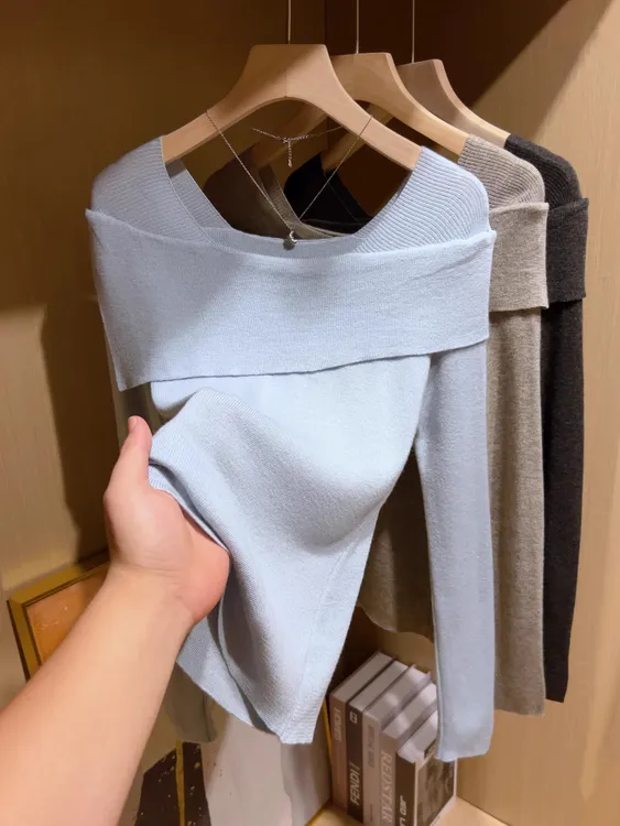 纯欲蓝色针织衫长袖女时尚高级感修身毛衣内搭打底衫上衣G4-50