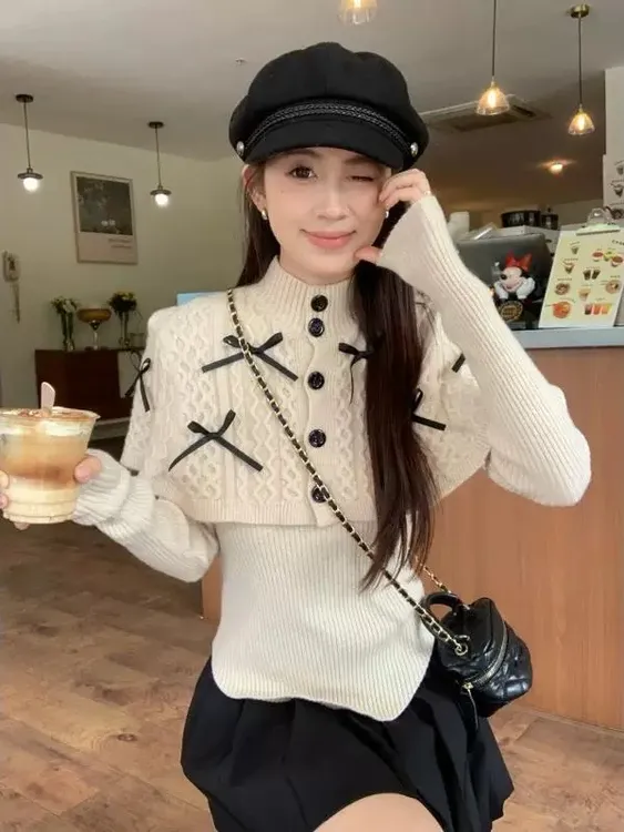 圣诞款高级感毛衣女秋冬加厚洋气披肩针织时尚百搭两件套W1-34