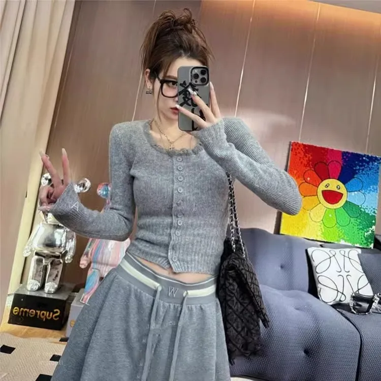 2025韩系春秋新款厚蕾丝拼接针织衫修身显瘦打底衫开衫上衣H2-20