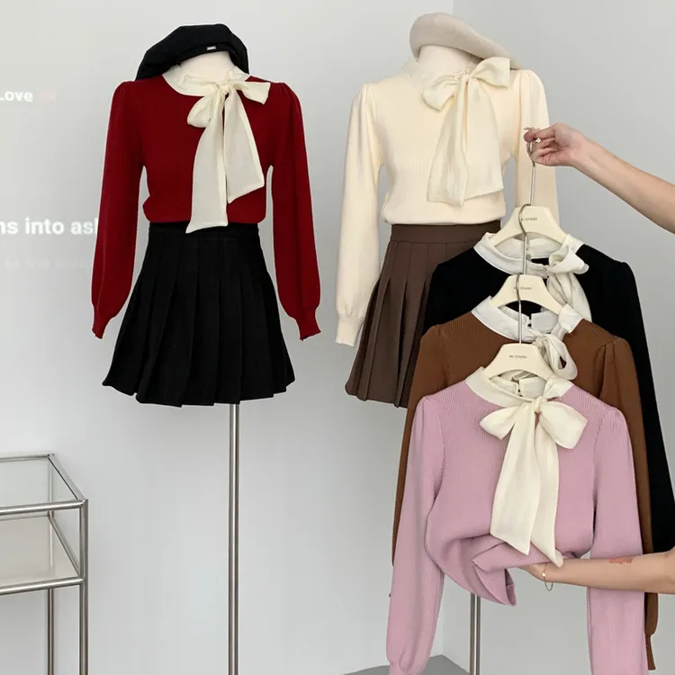 法式温柔风蝴蝶结丝带领结针织上衣秋冬女装气质灯笼袖毛衣A9-29