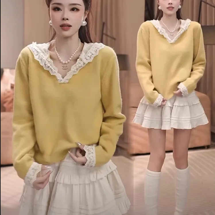 2025时尚新款百搭长袖连帽拼接蕾丝百搭慵懒风套头针织上衣H3-22