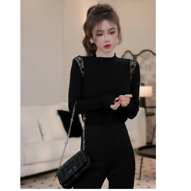 2025韩系新款气质小心机百搭蕾丝针织衫春季拼接修身女上衣H3-37