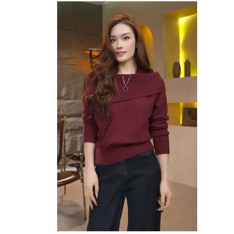 2026时尚新款时尚休闲百搭翻披领针织衫气质显瘦保暖女毛衣H3-33