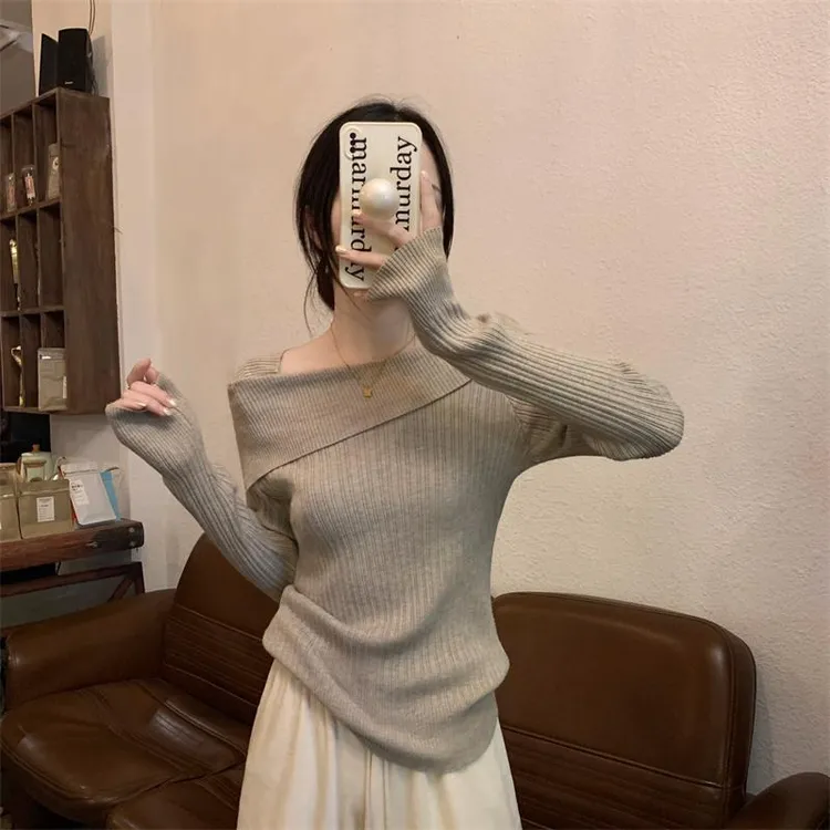 一字肩针织衫女2025春季新款打底内搭设计感高级感修身显瘦C7-10
