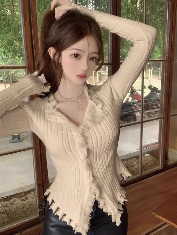 【现货】流苏针织开衫女春季加厚修身毛衣内搭不规则长袖上衣E2-10