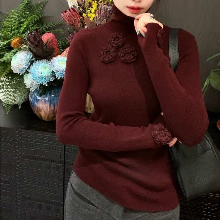 2025韩系时尚新款高领长袖打底衫立体花朵针织衫修身女上衣H5-25