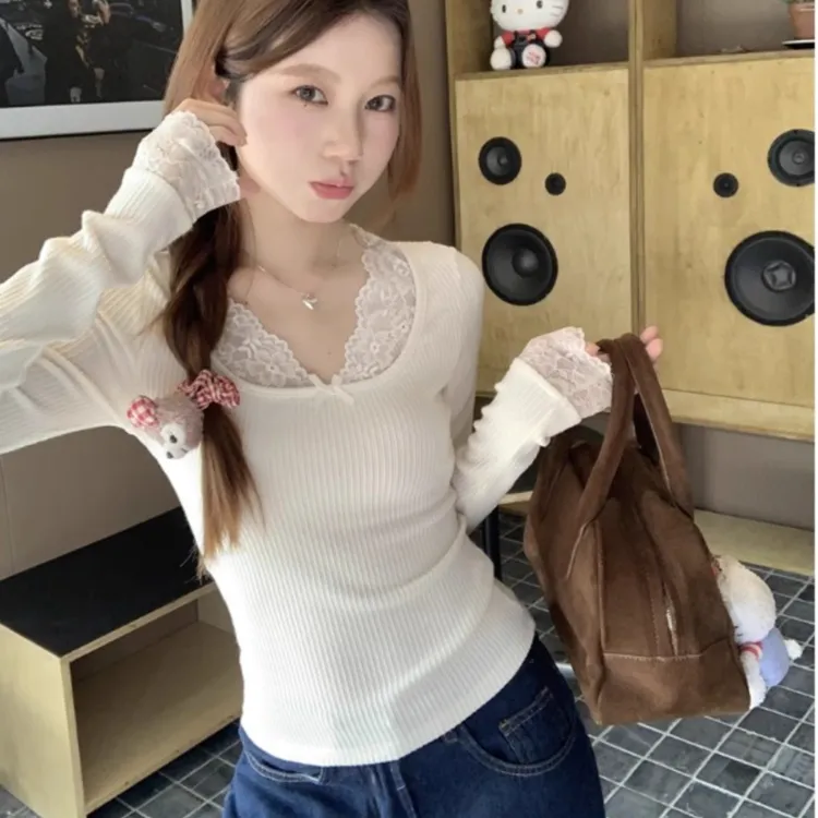 蕾丝花边拼接打底长袖T恤女秋季2025新款显瘦套头内搭上衣F6-48