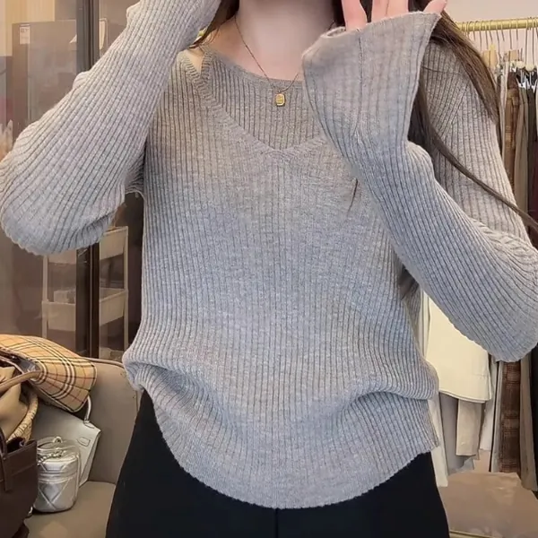 2025秋冬新款韩系长袖针织衫女设计拼接假两件打底气质上衣G5-22