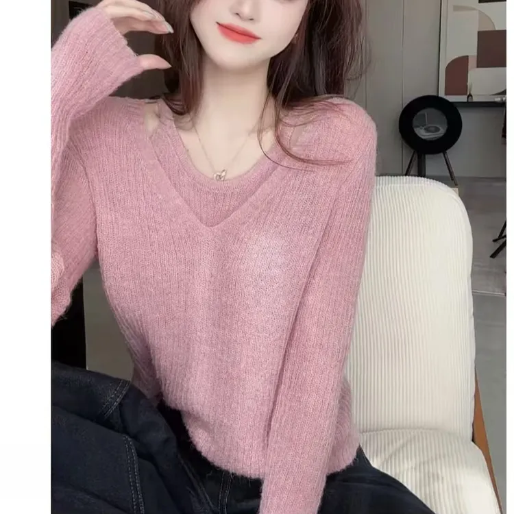 韩系不规则针织衫女春秋装2025年新款小个子穿搭假两件上衣G5-22