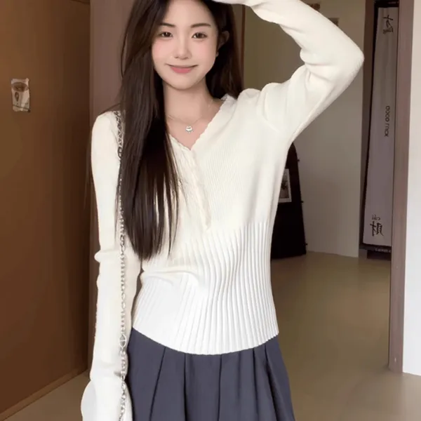 正肩坑条v领长袖针织衫女2025秋季新款收腰显瘦打底外搭上衣F6-82