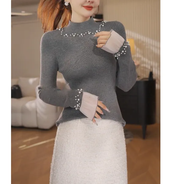韩系纯欲百搭钉珠显瘦长袖高领上衣2025秋冬修身气质针织衫H5-10