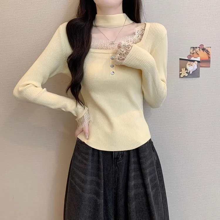 新款2025气质方领挂脖针织衫蕾丝拼接百搭时尚女士上衣H2-11