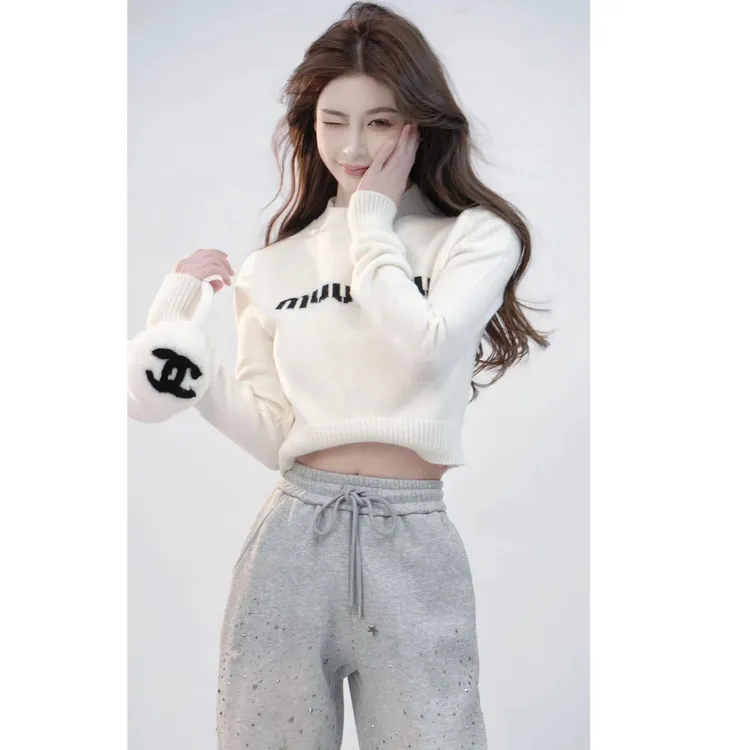 2025韩系字母印花纯色毛衣女秋冬季复古短款针织衫上衣外套H2-57