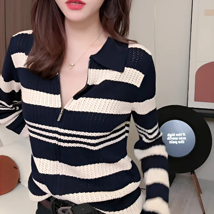 2025秋季新款复古撞色条纹针织衫女气质感百搭显瘦开衫上衣G5-12