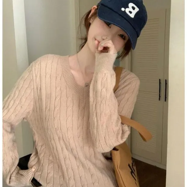 【现货】小众韩版套头2025春季新款v领刺绣打底上衣显瘦百搭A6-15