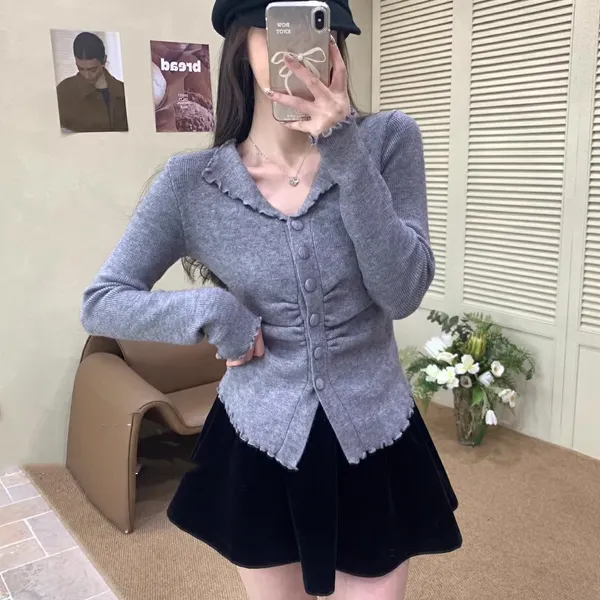 木耳边褶皱翻领针织开衫女春秋季修身收腰打底衫辣妹风上衣E4-43