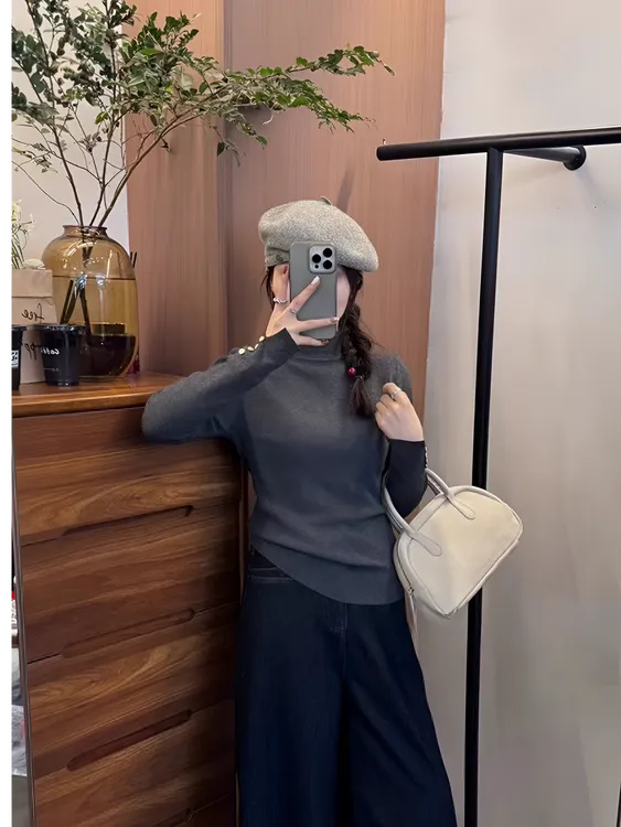 2025秋冬季新款韩版气质纽扣半高领针织衫毛衣女打底衫上衣G5-53