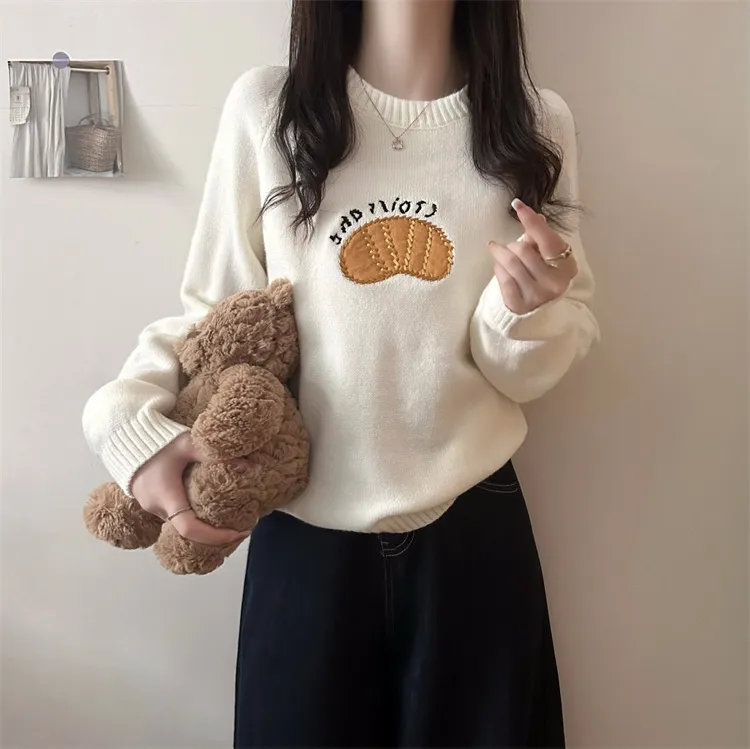 2026时尚新款长袖针织衫贴布绣圆领宽松毛衣百搭慵懒风上衣H3-67