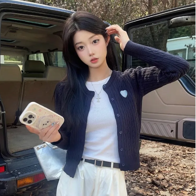 针织开衫小外套女士2025秋冬新款高级感内搭藏青色毛衣上衣B5-23