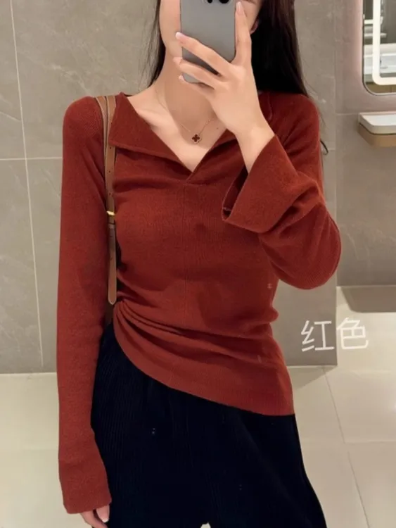 现货-纯色V领修身上衣女2025春季新款软糯纸片人针织打底衫A6-18