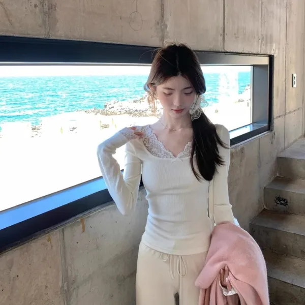 2026新款纯欲时尚蕾丝花边针织衫拼接修身显瘦气质春秋上衣F6-48