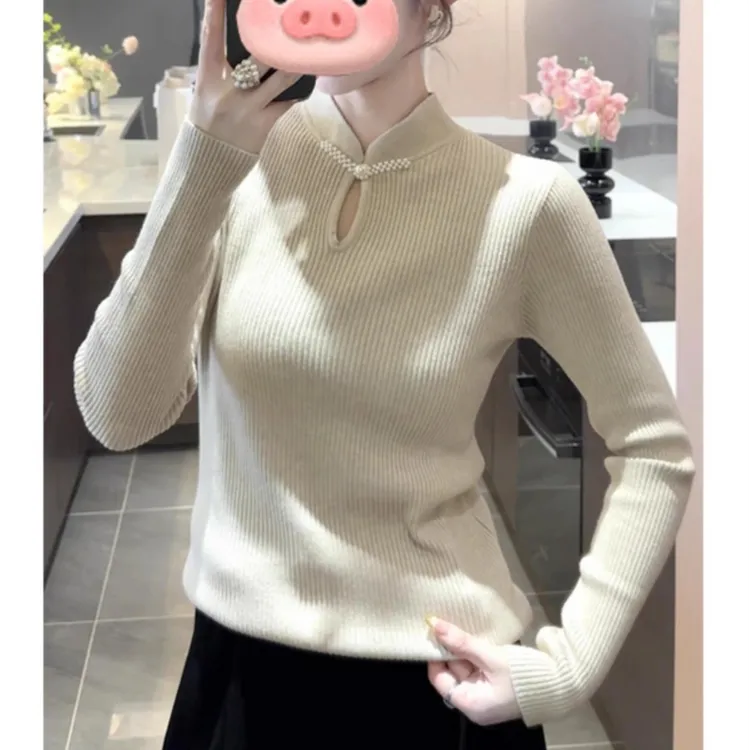 新中式国风立领针织衫女时尚2025新款修身气质打底长袖上衣F6-97