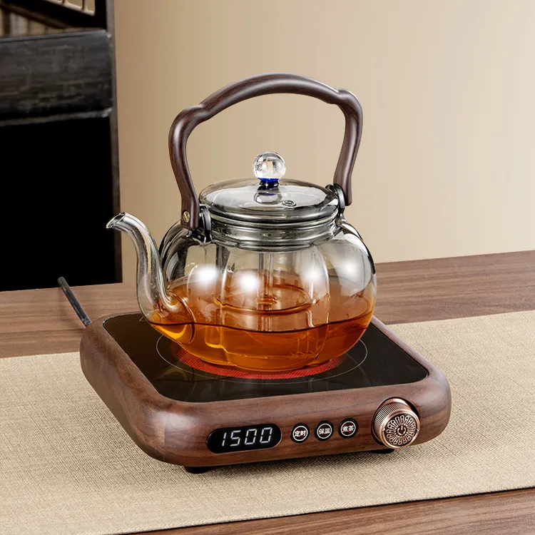 翊博新款北美黑胡桃实木电陶炉1500W超薄双控煮茶炉烧水保温定时