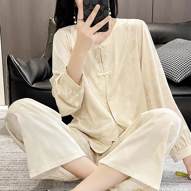 tpvl顺丰包邮新中式国风睡衣女春秋长袖套装家居服新款丝绸冰丝薄