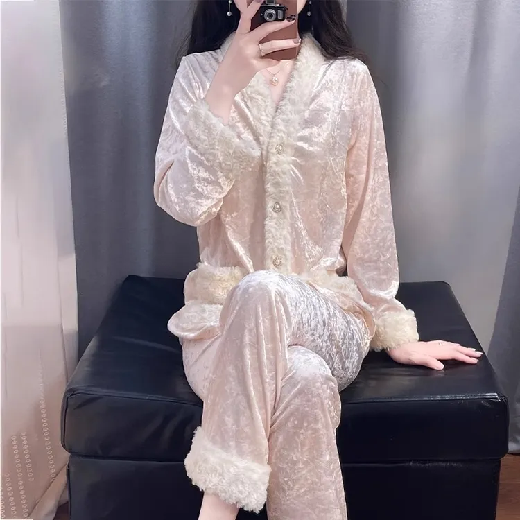 tpvl2024新款金钻绒睡衣女秋冬套装春秋家居服长袖毛边粉色可外穿