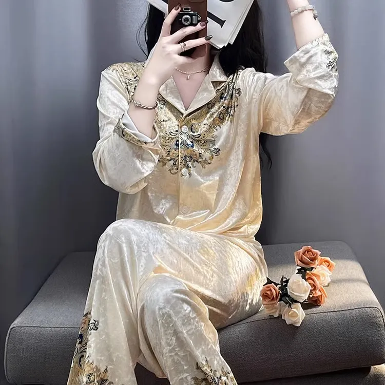 TPVL旗舰正品中国风丝绒睡衣女士春秋长袖秋冬家居服2025新款爆款