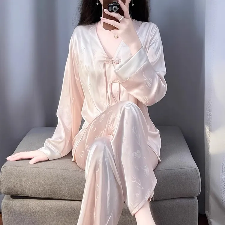 tpvl水光绸新中式国风盘口睡衣女士春秋长袖家居服套装薄冰丝V领