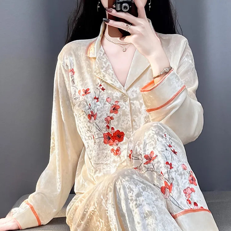TPVL旗舰中国风丝绒睡衣女秋冬季春秋长袖家居服套装2025新款爆款