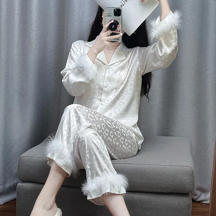 tpvl轻奢幂秘家羽毛拼接睡衣女春秋长袖白色高级感家居服主播推荐