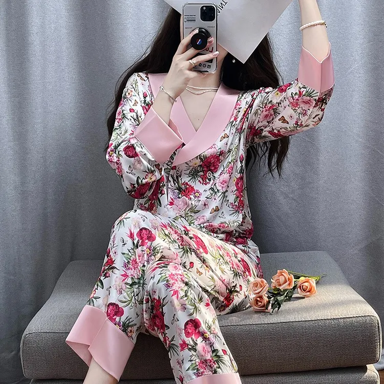 tpvl高级感轻奢印花睡衣女长袖春秋夏冰丝2025新款甜美粉色家居服