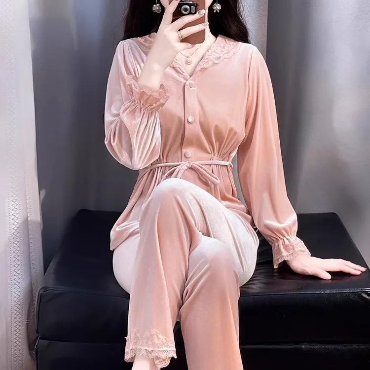 TPVL旗舰正品2025新款丝绒睡衣女士秋冬长袖套装家居服花边高级感