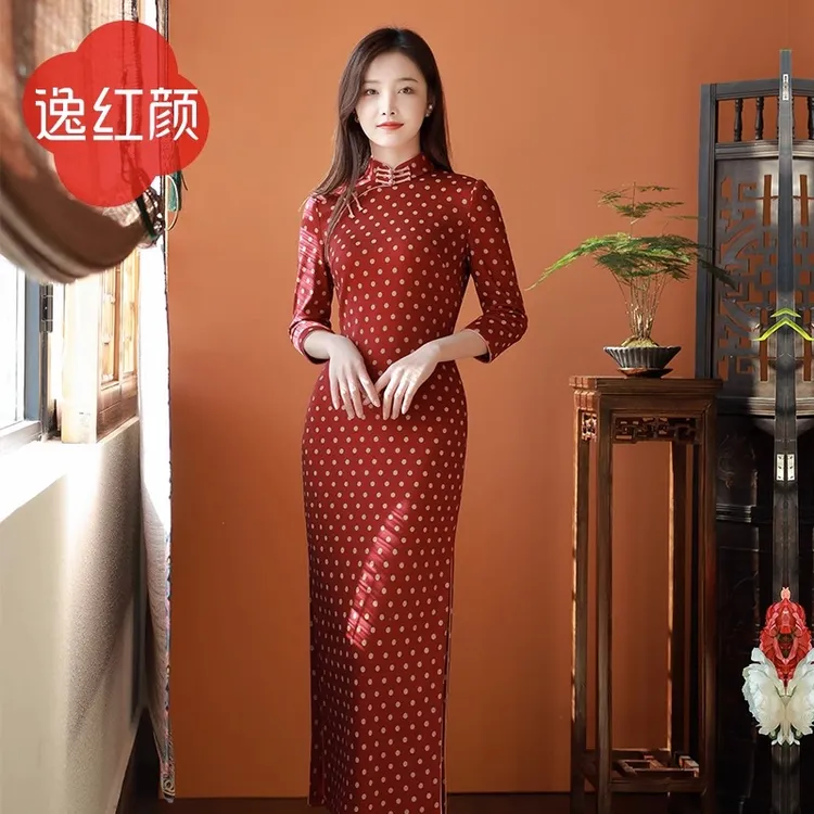 上海逸红颜 风华 2025秋季新款弹力针织波点老画报日常旗袍女