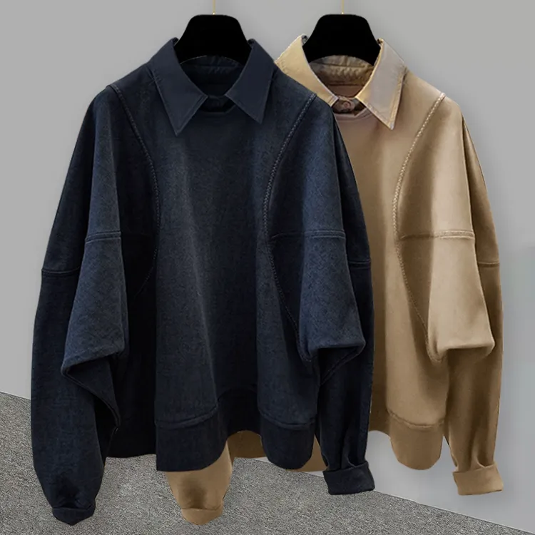 潮牌纯色假两件长袖卫衣百搭潮流秋冬痞帅蝙蝠袖学生宽松休闲上衣