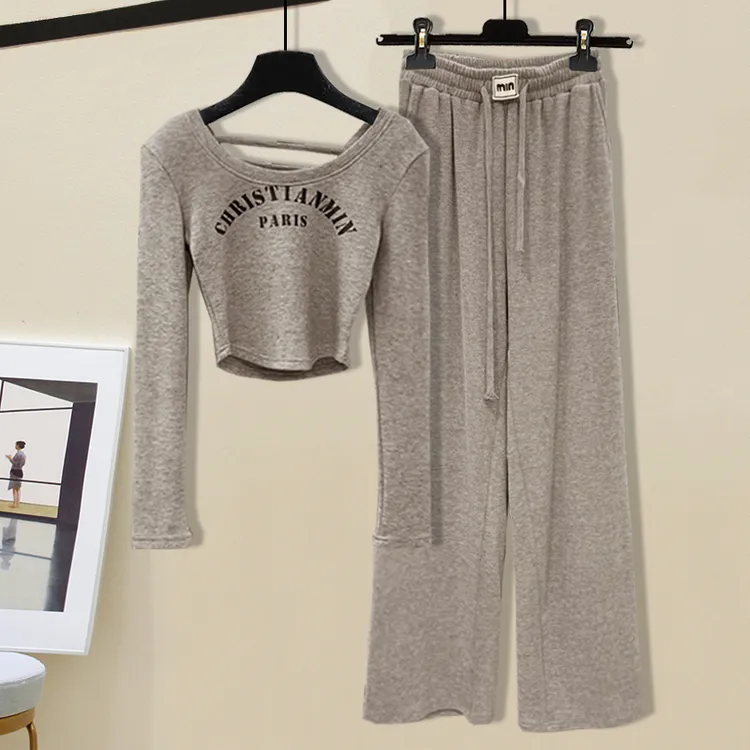 慵懒时尚辣妹女2023秋冬字母露背长袖T恤+阔腿运动休闲裤两件套装