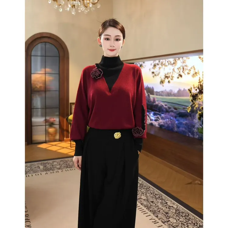 唐熹2024秋冬新款【ZM-D728JR】含绵羊毛假两件设计感针织衫上衣wx