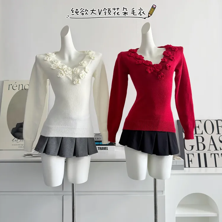 v领玫瑰收腰毛衣女2024秋冬季新款软糯高级设计感针织衫上衣