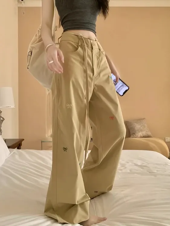 新款蝴蝶刺绣阔腿女夏垂感直筒裤垂坠感拖地高腰工装裤高街长裤