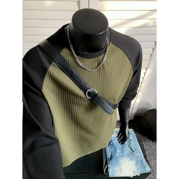 肌理感提花拼色长袖t恤男春秋打底内搭美式街头潮牌痞帅打底衫男