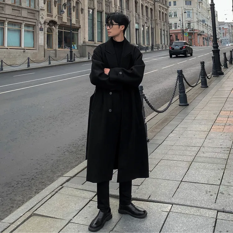 氛围cleanfit中长款毛呢大衣外套男秋冬高级美式潮牌宽松呢子风衣