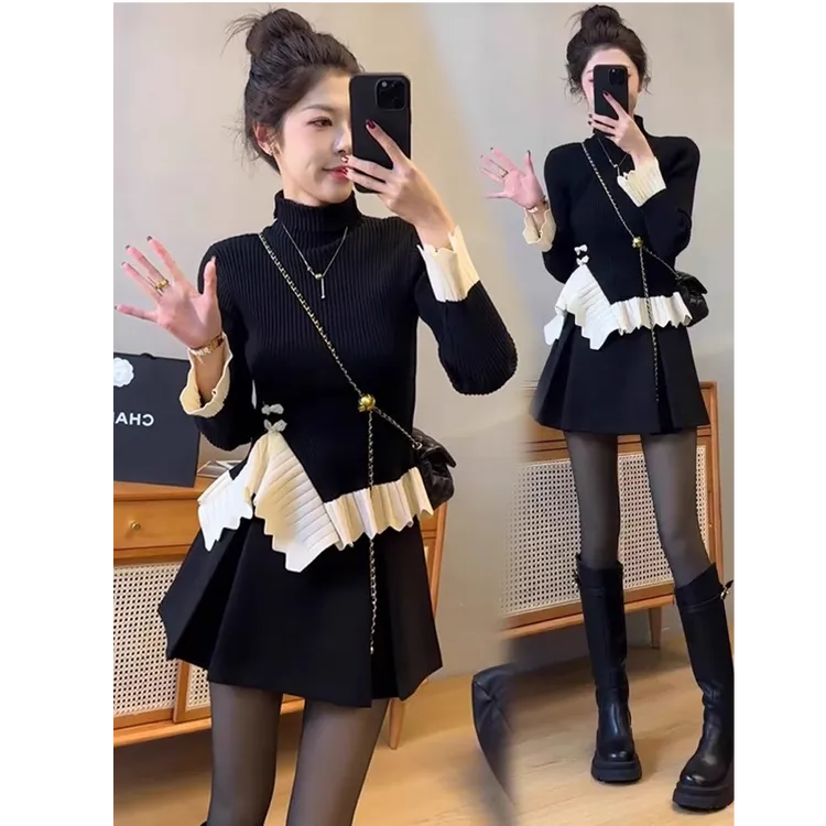 小香风撞色拼接长袖针织衫毛衣配短裙套装女装秋冬减龄洋气休闲装