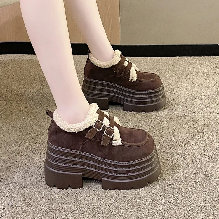 玛丽珍鞋女2025新款冬季加绒加厚保暖雪地棉鞋厚底松糕小皮鞋增高